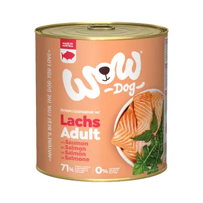 WOW Dog Premium Feuchtnahrung Lachs Adult, mit 71% Frischfleisch, ohne Getreide und Gluten, hergestellt in Österreich.