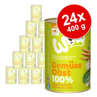 WOW Gemüse Obst 100 %, balenie 24×400 g. Konzervy so zeleninou a ovocím, viditeľný nápis Veggies & fruits. Text na obale v nemčine a angličtine.