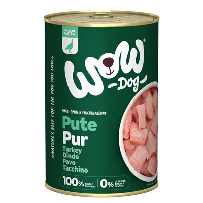 Wow Dog Pute Pur, single-protein wet food. Made in Austria. 100% single protein, 0% grain and gluten. Image of fresh turkey meat.