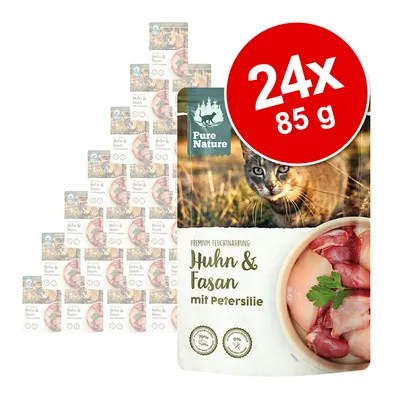 Pure Nature Huhn & Fasan mit Petersilie, 24×85 g. Na obale mačka, miska s kúskami mäsa a petržlenom. Viditeľné nemecké texty: Premium Feuchtnahrung, 70 %, 0 %.
