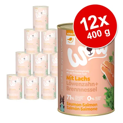 WOW koiran märkäruoka lohi, voikukka ja nokkonen. 12 x 400 g. Teksti: 71 % kalaa, lihaa ja sisäelimiä, 0 % viljaa ja gluteenia. Adult. Made in Austria.
