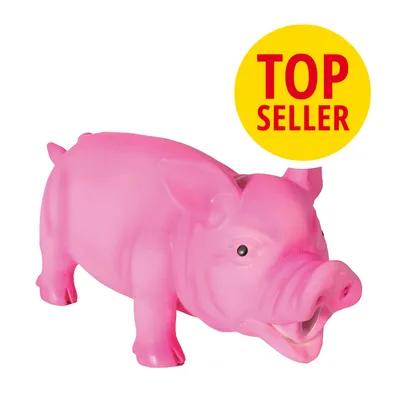Różowa zabawka w kształcie świni, żółte koło z czerwonym napisem TOP SELLER