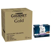 96 x 85 g Jumbopack Gourmet + 24 x 85 g passendes Nassfutter gratis! - 96 x 85 g Gold Saftig-Feine Streifen: Huhn, Meeresfisch, Rind, Lachs + 24 x 85 g Perle Gemischte Auswahl: Duo vom Land & aus dem Meer