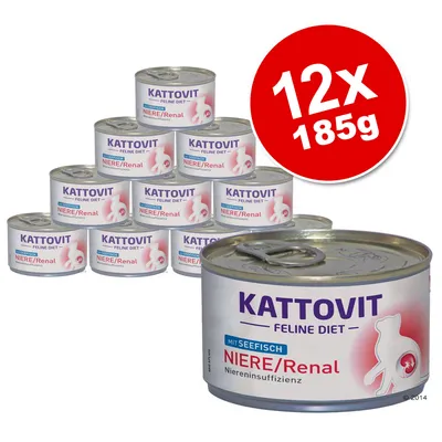 Kattovit Feline Diet Niere/Renal mit Seefisch, 12 cans of 185g each, shown in a stack with product label visible.