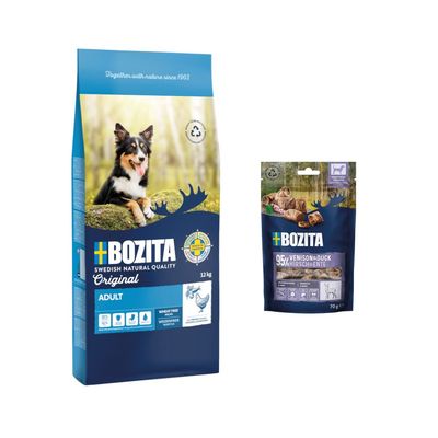 Bozita Adult Sensitive Original, jagnięcina i ryż, 12 kg. Szwedzka jakość, bez pszenicy, łatwostrawna. Opakowanie z psem w naturze i symbolem recyklingu.