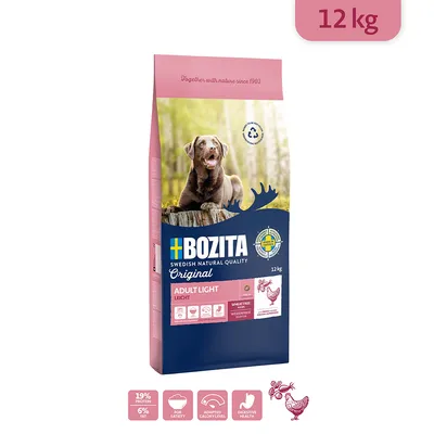 Bozita Original Adult Light, 12 kg, cu 19% proteine, 6% grăsimi, fără grâu, pentru siguranță, aport caloric adaptat și sănătatea digestiei.