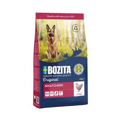Bozita Adult Classic torrfoder för hundar, 3 kg. Med färsk kyckling, 23 % protein, 11 % fett. Tillverkat i Sverige, hållbar förpackning.