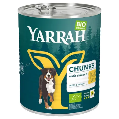 Yarrah Bio Organic Chunks с пиле, коприва и домат. Сертификат ЕС за био NL-BIO-01, знак Beter Leven 3 звезди.