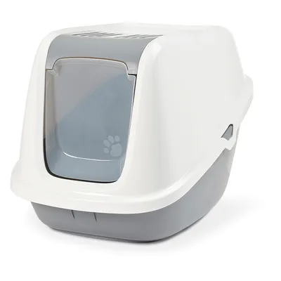 Geschlossene Katzentoilette mit grauer Klappe und weissem Gehäuse, Sichtfenster mit Pfotenmotiv.