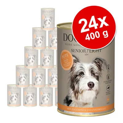 DOG'S LOVE SENIOR/LIGHT 10+, 24x400 g dåser, PUTE, med zucchini & johanniskraut. Synligt: kornfri opskrift, lavet i Østrig, lavt fedtindhold. Billede af hund på emballagen.