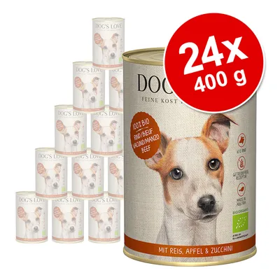 Set 24 conserve DOG'S LOVE, 400 g fiecare. Text vizibil: 100% BIO RIND/BEEF, mit Reis, Apfel & Zucchini, fără cereale, Made in Austria, certificat bio, imagine câine pe ambalaj.