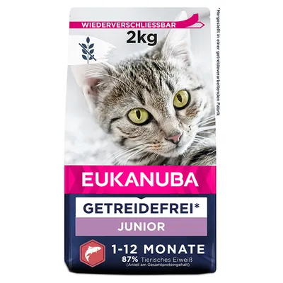 Eukanuba Getreidefrei Junior Katzenfutter, wiederverschliessbar, 2kg, für 1-12 Monate, 87% tierisches Eiweiss. Hergestellt in einer getreideverarbeitenden Fabrik.