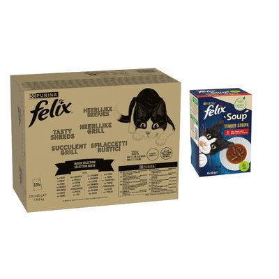120 x 85g Felix As Good As It Looks Wet Cat Food + 48 x 85g Felix Wet Cat Food Free! * Tasty Shreds Mixed Selection (120 x 80g) + Soup Time Tender Strips Farm Selection (48 x 48g)
