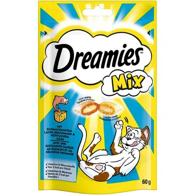 Dreamies Mix με σολομό και τυρί, τραγανό έξω, κρεμώδες μέσα. Μόνο 2 kcal ανά τεμάχιο, με βιταμίνες και μέταλλα. Συσκευασία: 60g.