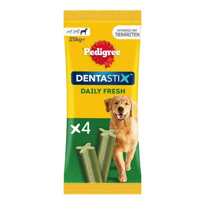 Pedigree Dentastix Daily Fresh, odpowiednie dla psów od 25 kg, opakowanie 4 sztuki, opracowane z weterynarzami.