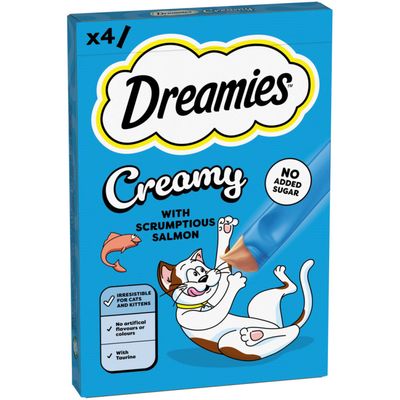 Dreamies Creamy with Salmon, x4, no added sugar, irresistible for cats and kittens, no artificial flavours or colourings, with taurine.