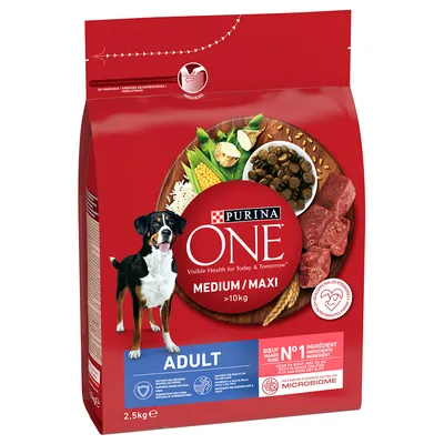 Purina ONE Adult Medium/Maxi >10kg, rund als ingrediënt nr. 1, 2,5kg verpakking. Zichtbare ingrediënten: vlees, groente, granen. Voor de gezondheid van het microbioom.