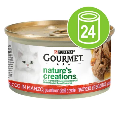 Purina Gourmet Nature's Creations, bohaté na hovězí maso s hráškem a mrkví. Obal zobrazuje bílou kočku a zelený symbol pro 24 konzerv. Purina Gourmet Nature's Creations, bohaté na hovězí maso s hráškem a mrkví. Obal zobrazuje bílou kočku a zelený symbol pro 24 konzerv.