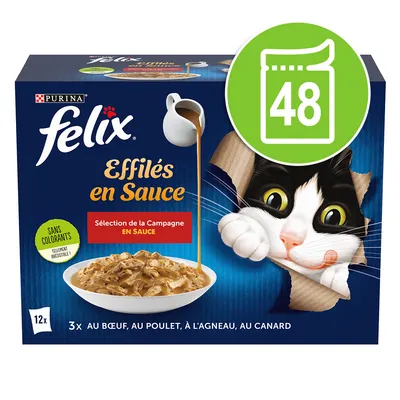 Purina Felix Effilés en Sauce, селекция Campagne в сос. Без оцветители, 48 порции, видове: говеждо, пилешко, агнешко, патешко.