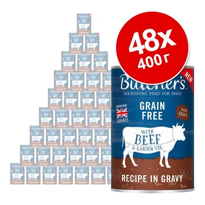 Butcher's Grain Free консервирана храна за кучета с говеждо и зеленчуци, 48×400 г. Видими надписи: 'WITH BEEF & GARDEN VEG', 'RECIPE IN GRAVY', 'SUPPORTING FARMERS'. Butcher's Grain Free консервирана храна за кучета с говеждо и зеленчуци, 48×400 г. Видими надписи: 'WITH BEEF & GARDEN VEG', 'RECIPE IN GRAVY', 'SUPPORTING FARMERS'.