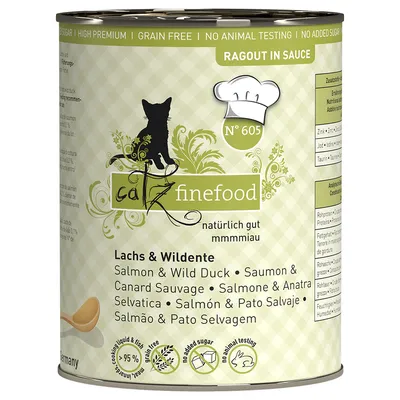 Catz Finefood Ragout in Sauce Nr. 605, lohi ja villisorsa, luonnollinen, ilman lisättyä sokeria, viljaton, ei eläinkokeita, 95 % keitinlientä ja kalalihaa.