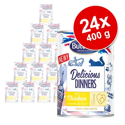 Butcher's Delicious Dinners, 24x400 g, con pollo in gelatina, con taurina. Testo visibile: NEW!, Grain Free Recipe, immagine di gatto e Big Ben sulla confezione.