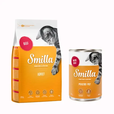 Blandpack: 1 kg Smilla torrfoder + passande våtfoder - Adult Nötkött + 6 x 400 g Mört fågelkött med nötkött Blandpack: 1 kg Smilla torrfoder + passande våtfoder - Adult Nötkött + 6 x 400 g Mört fågelkött med nötkött