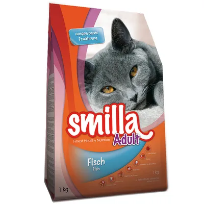Sac de croquettes Smilla Adult pour chat, goût poisson, 1 kg. Texte visible : « ausgwogene Ernährung », « Finest Healthy Nutrition », « Fisch Fish » et pictogrammes nutritionnels.