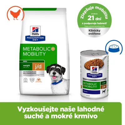 Hill's Prescription Diet Metabolic + Mobility Mini j/d suché a vlhké krmivo. Zlepšuje pohyblivost již během 21 dní a podporuje hubnutí. Klinicky ověřeno.