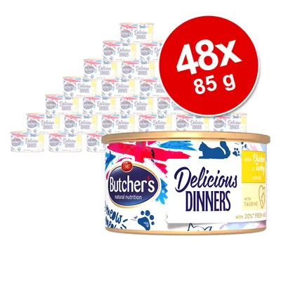 Butcher's Delicious Dinners, 48x85g, s piščančjo in puranjo mousso, vsebuje tavrin in 30% svežega mesa.