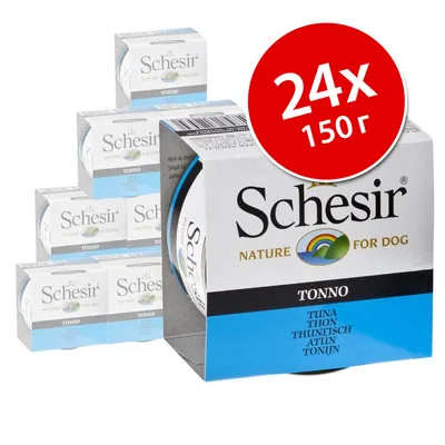 Schesir Nature for Dog TONNO, комплект 24×150 г. Видими са опаковки с надписи: Tuna, Thon, Thunfisch, Atún, Tonijn.