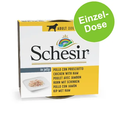 Schesir in jelly, Huhn mit Schinken, Adult Dog, Einzel-Dose. Mehrsprachige Beschriftung: Chicken with Ham, Poulet avec Jambon, Pollo con Jamón, Kip met Ham.