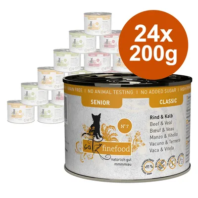 Catz Finefood Senior Classic hovädzie a teľacie, 24x200g. Bez obilnín, bez testovania na zvieratách, bez pridaného cukru, vysoký podiel mäsa, N°7. Catz Finefood Senior Classic hovädzie a teľacie, 24x200g. Bez obilnín, bez testovania na zvieratách, bez pridaného cukru, vysoký podiel mäsa, N°7.