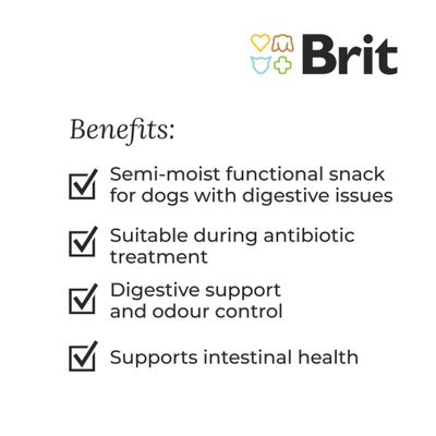 Brit Vitamins for Dogs Postbiotics, Made in EU, Lactobacillus helveticus, β-glükánok, inulin feliratú kutyavitaminos doboz, kocka alakú falatok képeivel.