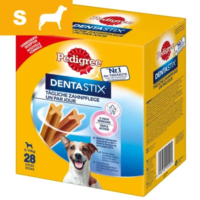 Opakowanie Pedigree Dentastix dla psów 5–10 kg, 28 sztuk. Widoczne teksty: 'Nr 1 według lekarzy weterynarii', '3-fach Wirkung Triple Action', zalecenia dotyczące pielęgnacji zębów.