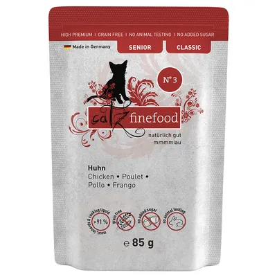 Sachet catz finefood N°3 Senior Classic, Huhn/Poulet 85 g. Sans céréales, sans tests sur animaux, sans sucre ajouté. Fabriqué en Allemagne. Texte anglais et allemand visible.