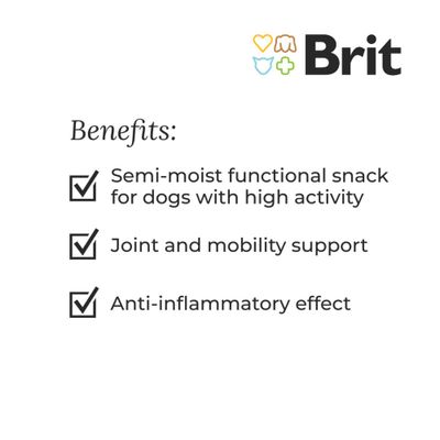 Brit Vitamins for Dogs Mobility. Made in EU. Glucosamine, chondroitin sulphate, vitamin C & collagen. Εικόνα με λιχουδιές και μπιζέλια στη συσκευασία.