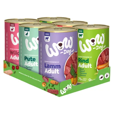WOW Dog Premium Feuchtfutter: Wild, Pute, Lamm, Rind. Made in Austria. 71% Fleischanteil, ohne Getreide. Verpackung mit Zutatenbildern und Text 'Nature's best for the dog you love'.