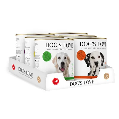 Dog's Love Feine Kost für feine Hunde. Sorten: Wild, Rind. Verpackung mit Hundemotiven und Bio-Zertifikat. Ohne Zuckerzusatz, hergestellt in Österreich.