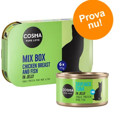 COSMA Pure Love Mix Box Chicken Breast and Fish in Jelly, 6 x 170 g. Burk: Skipjack Tuna in Jelly. Orange cirkel med texten 'Prova nu!'.