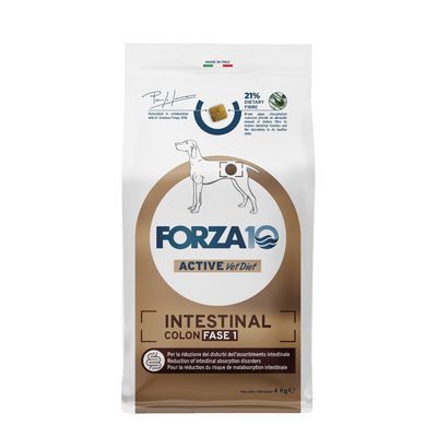 FORZA10 Active Vet Diet Intestinal Colon Fase 1 hondenvoer, 21% dietary fiber, verpakking van 4 kg. Tekst in Engels en Italiaans over vermindering van intestinale absorptiestoornissen.