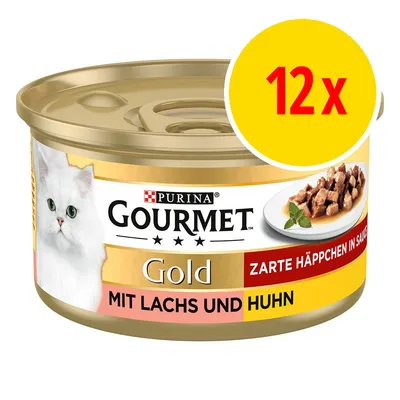 Pack of 12 Gourmet Gold tins with salmon and chicken, tender pieces in sauce. Text on can: MIT LACHS UND HUHN, ZARTE HÄPPCHEN IN SAUCE.