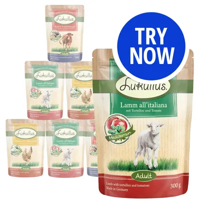 Selection of Lukullus adult food pouches in various flavours, including lamb with tortellini and tomatoes. Blue circle with white text reads 'Try Now'.