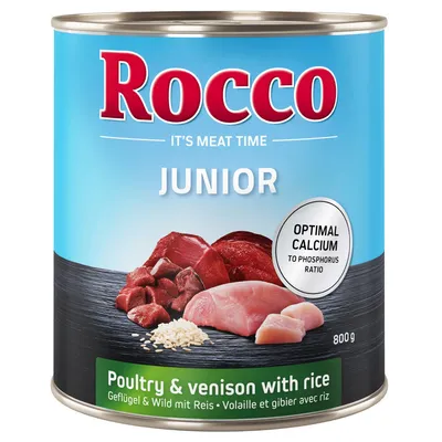 Rocco Junior Nassfutter, Geflügel & Wild mit Reis, optimaler Calcium-Phosphor-Verhältnis, 800g Dose.