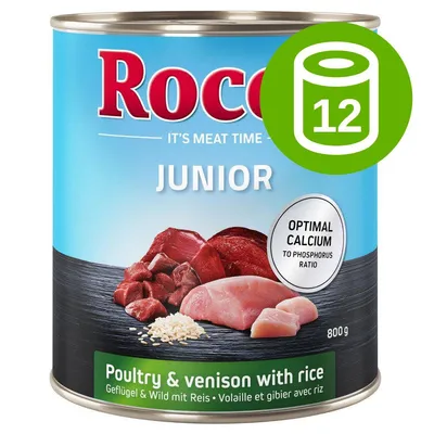 Rocco Junior, puszka 800 g, Poultry & venison with rice, Optimal calcium to phosphorus ratio, zestaw 12 sztuk