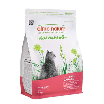 Almo Nature Functional Anti Hairball száraz eledel felnőtt macskáknak, friss lazaccal, 2 kg csomag.