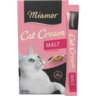 Miamor Cat Cream Malt Anti-Hairball, 6x16g, con estratti di malto. L'immagine mostra la confezione e il singolo stick. Miamor Cat Cream Malt Anti-Hairball, 6x16g, con estratti di malto. L'immagine mostra la confezione e il singolo stick.