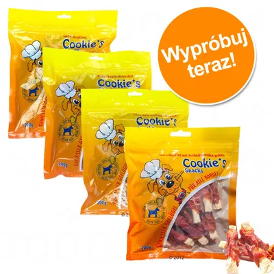 Cztery opakowania Cookie's Snacks 200 g dla psów, widoczne kawałki przysmaków. Pomarańczowe kółko z napisem: Wypróbuj teraz!