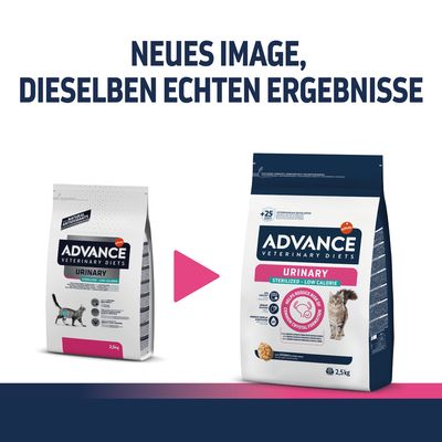 Advance Veterinary Diets Urinary Sterilized Low Calorie Katzenfutter, neues Verpackungsdesign, dieselben echten Ergebnisse. Packungsgrösse: 2,5 kg.