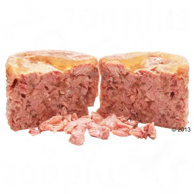 Comida húmeda para mascotas, formato troceado y compacto, color marrón rosado con capa superior gelatinosa, presentada en dos mitades y algunos trozos sueltos delante.